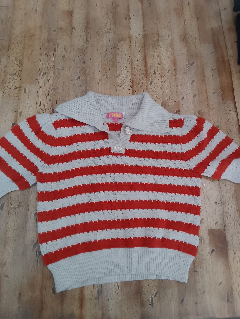 THML Cream and Red Striped Knit Crop Polo with Pearl Button